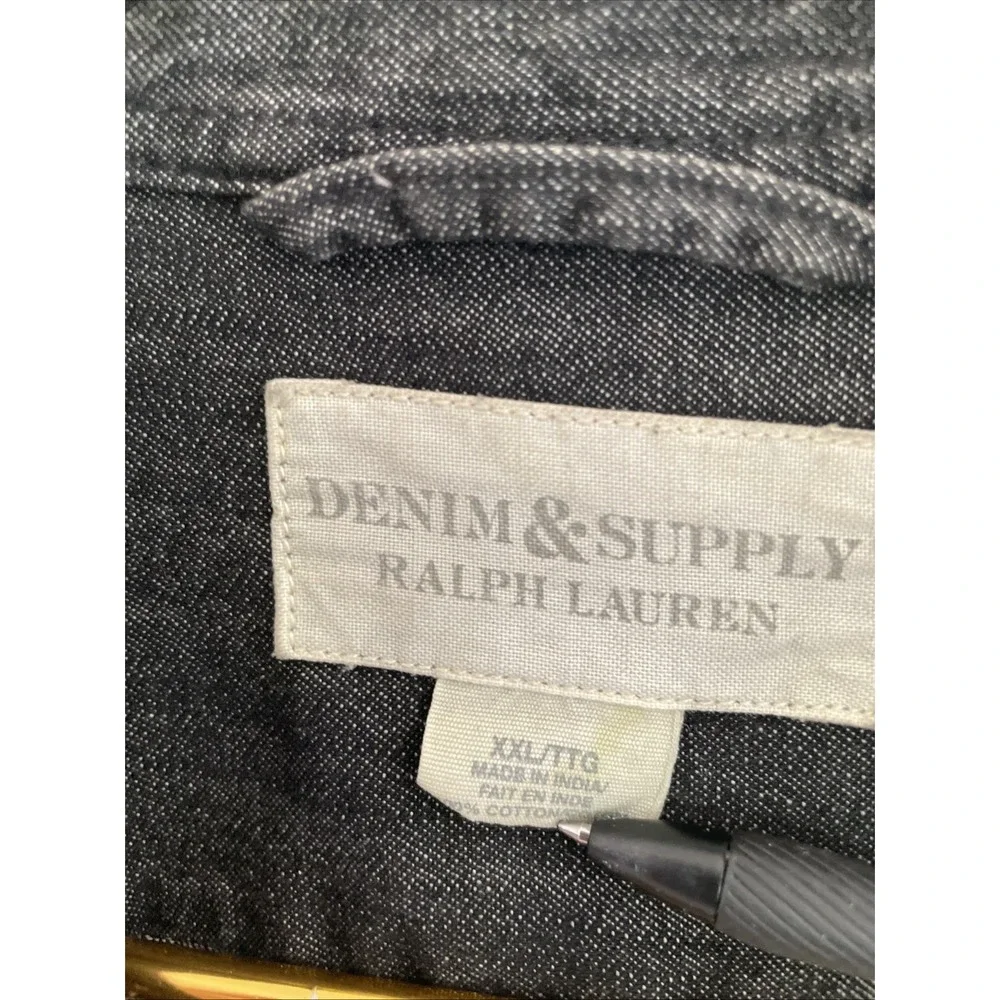 POLO Denim & Supply Distressed 100% Cotton Black Denim Western Snap Shirt XXL‎